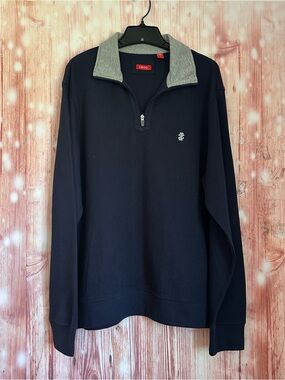 IZOD Navy Blue 1/4 Zip Pullover Gray Contrast Trim Knit Sweater Size M